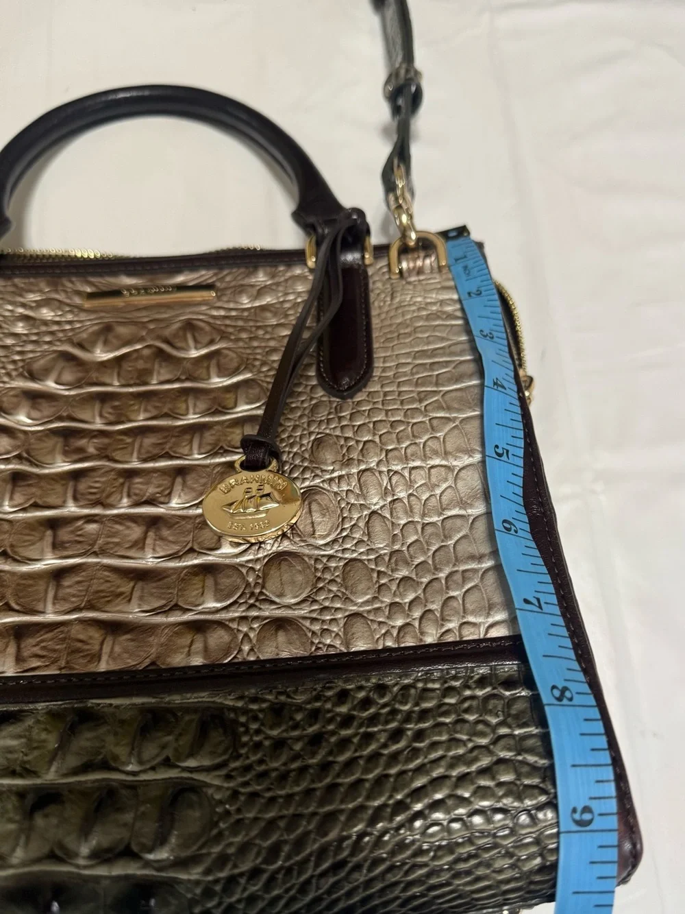 Brahmin Caroline Silver Taupe, Olive & Dark Brown Croc-Embossed Satchel